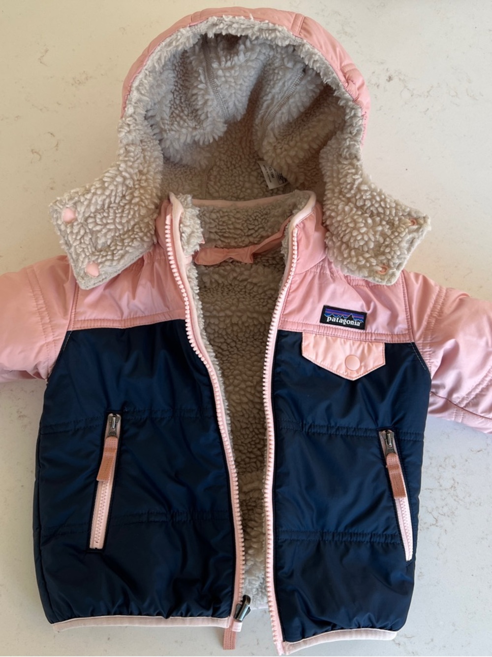 Patagonia Kids Two-Tone Hooded Puffer Jacket in Pink and Navy